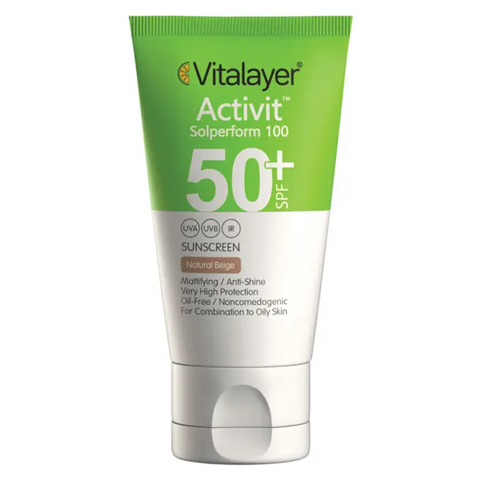 تصویر از کرم ضد آفتاب صورت پوست چرب SPF50+ بانوان اکتی ویت ویتالایر 40 ml بژ طبیعی سایا طب مانا