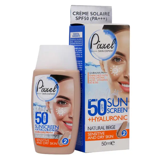 تصویر از کرم ضد آفتاب صورت پوست خشک و حساس SPF50 بزرگسالان پیکسل 50 ml بژ طبیعی تولیدی و بازرگانی سیلانه سبز