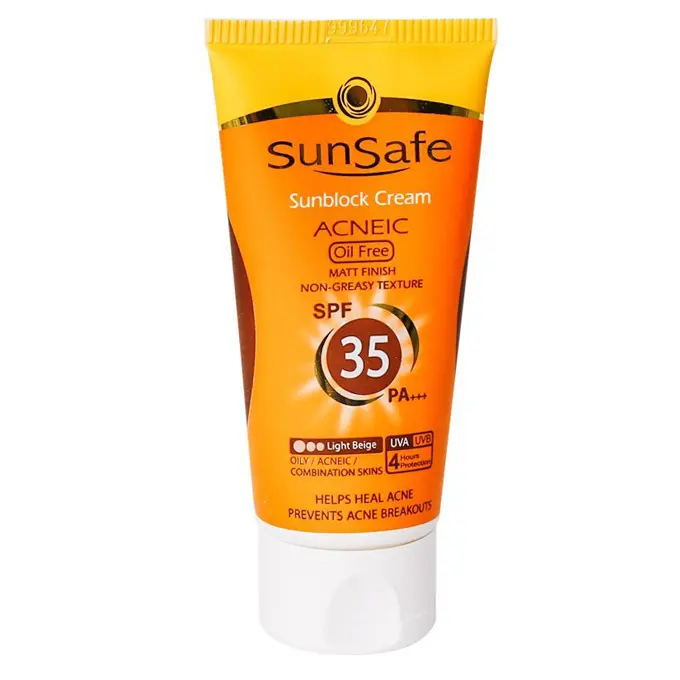 تصویر از کرم ضد آفتاب صورت پوست چرب و جوش دار SPF35 بزرگسالان آکنئیک سان سیف 50 ml بژ روشن پارس حیان