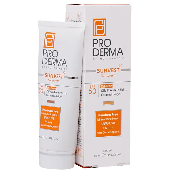 تصویر از کرم ضد آفتاب پوست چرب و جوش دار SPF50 سان وست پرودرما 40 ml بژ کاراملی آرا شیمی پارس