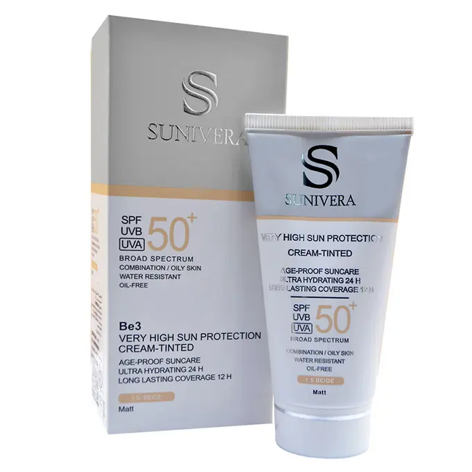 تصویر از کرم ضد آفتاب صورت پوست چرب SPF50+ بانوان سانیورا 50 ml بژ آرایش افزون غرب