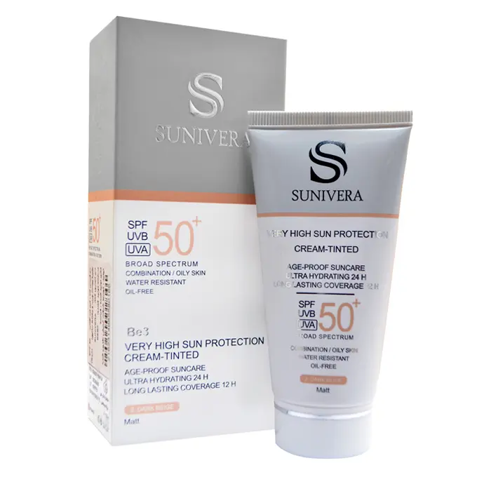 تصویر از کرم ضد آفتاب صورت پوست چرب SPF50+ بانوان سانیورا 50 ml بژ تیره آرایش افزون غرب