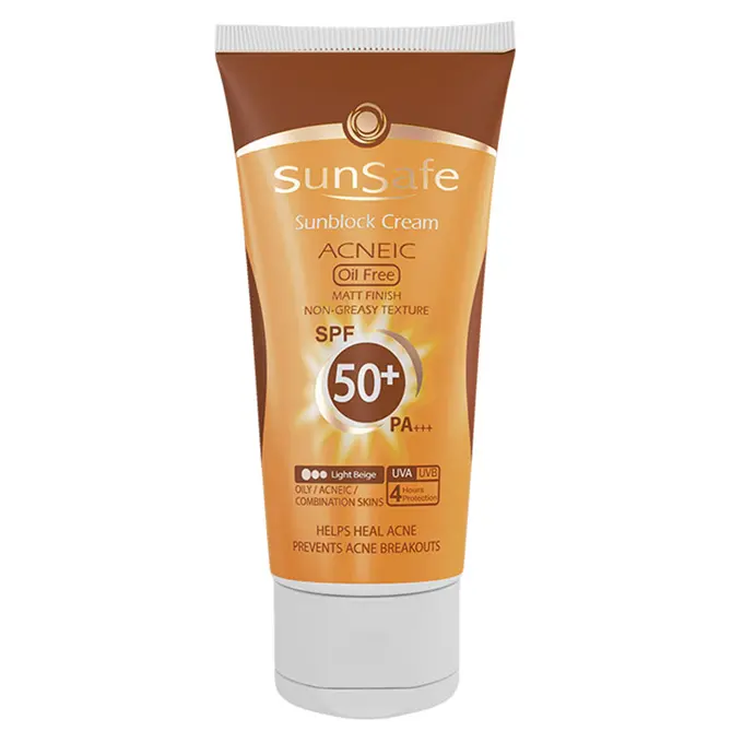 تصویر از کرم ضد آفتاب صورت پوست چرب SPF50+ بزرگسالان آکنئیک  سان سیف 50 g بژ روشن پارس حیان ایران