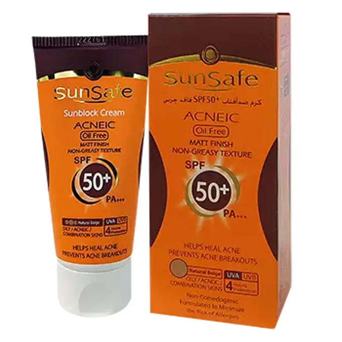 تصویر از کرم ضد آفتاب صورت پوست چرب SPF50+  آکنئیک  سان سیف 50 ml بژ طبیعی پارس حیان ایران